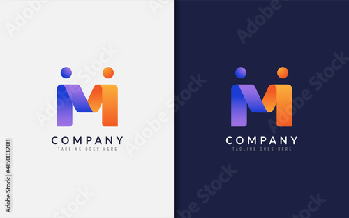 Abstract Initial Letter M Logo Design. Creative Purple Orange Connecting Partnership People with Origami Style. Vector Logo Illustration. photo