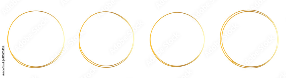 Set of hand drawn gold circle, sketch lines. Vector circular doodle frame, doodle golden circles Isolated on white background Set of hand drawn gold circle, sketch lines. Vector circular doodle frame, doodle golden circles Isolated on white background