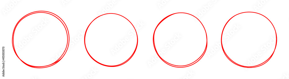 Set of round red hand drawn doodle frames isolated on white background Set of round red hand drawn doodle frames isolated on white background
