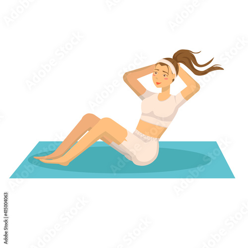 Healthy woman doing abs exercises on the floor. isolated vector. Outdoor sports. Illustration about exercise without equipment. Healthy lifestyle and sport concept