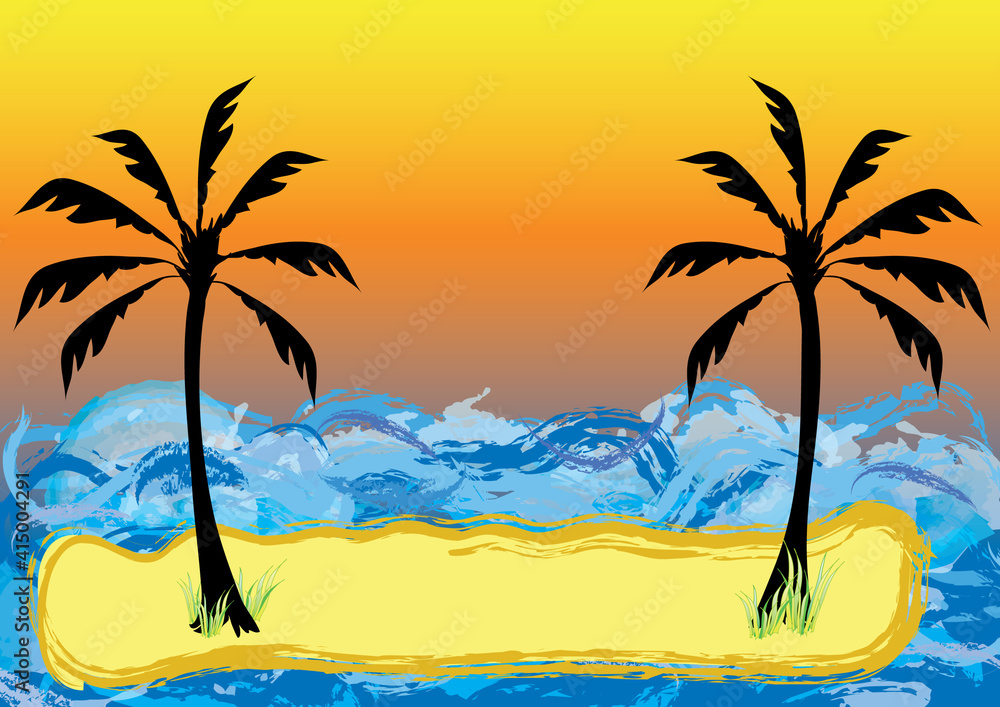 Island with palm trees and with a laundry beach frame for text. Concept abstract landscape surrounded by ocean in vector and jpg.