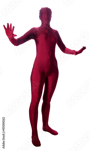 A woman in a red Morf or Morph suit. An all over piece of clothing. Morphsuit. photo