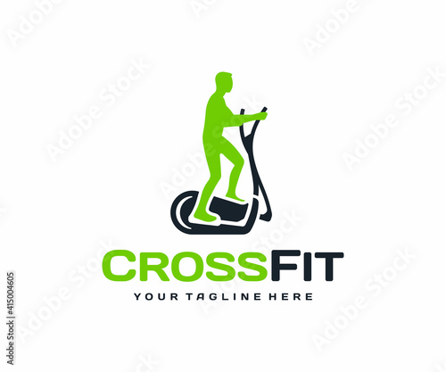 Crosstrainer workout logo design. Elliptical trainer with running man vector design. Fitness training on the orbitrack logotype
