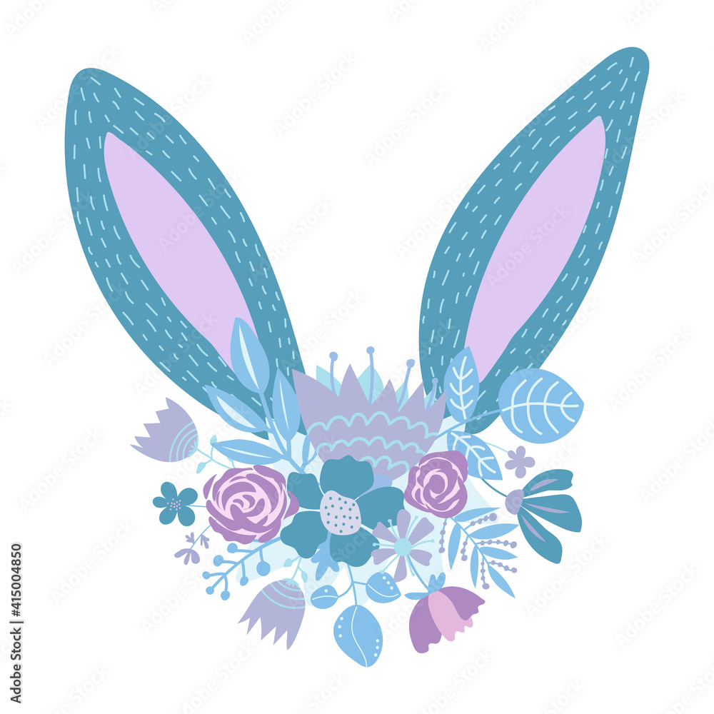 Cute blue Easter bunny ears with flowers vector illustration. Rabbit and spring flowers isolated on white background. Art in Scandinavian style.