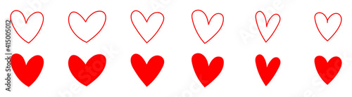 Set of red hand drawn hearts. Handdrawn rough heart marker isolated on white background. Vector illustration