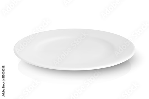 Vector 3d Realistic White Empty Porcelain, Ceramic Plate with Reflection Closeup Isolated on White Background. Design Template for Mockup. Stock Vector Illustration. Front, Top, Side View