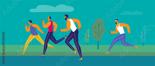 Barefoot vs classic running. Running barefoot or in shoes. Team of young athlettes running in the nature. Flat design illustration.