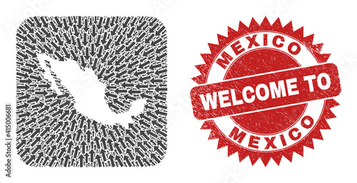 Vector mosaic Mexico map of moving arrows and scratched Welcome badge. Mosaic geographic Mexico map designed as carved shape from rounded square shape with direction arrows.