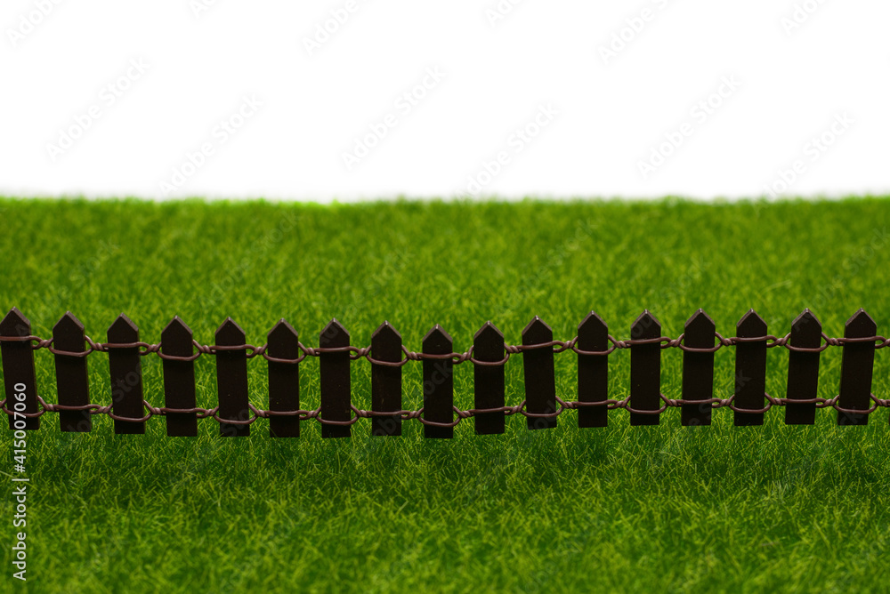 Obraz premium Green grass and fence isolated on white background.