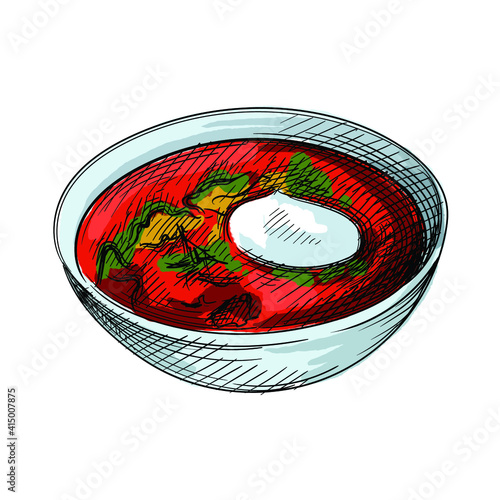 Colorfull watercolor Hand drawn sketch of borscht with sour cream inside on a white background. Russian cuisine. Food and meals.	
