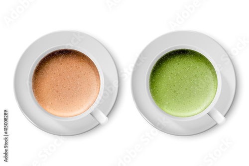 Vector 3d Realistic Ceramic White Coffee Porcelain Ceramic Mug, Cup, Saucer Set Closeup Isolated on White Background. Brown, Green Milk Foam, Latte, Capuccino, Mocha, Matcha. Design Template. Top View