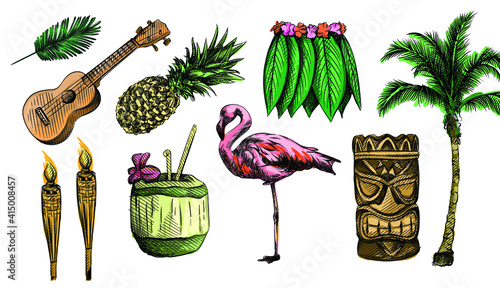 Colorful watercolor Hand drawn Hawaii sketch set. Hawaii theme. Ukullele, hawaii guitar, Hula Skirt, totem, tribal mask, hawaii bamboo torch, juice in coconut	
