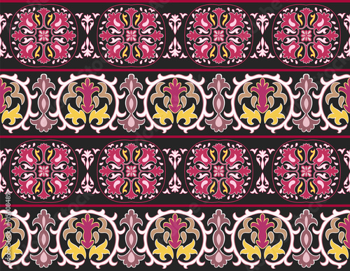 Seamless ethnic Uzbek, Kazakh, Kyrgyz, Turkmen Middle Asian and arabian islamic vector decorative pattern, damask ornate boho style vintage ornaments deep red, white and black colors.