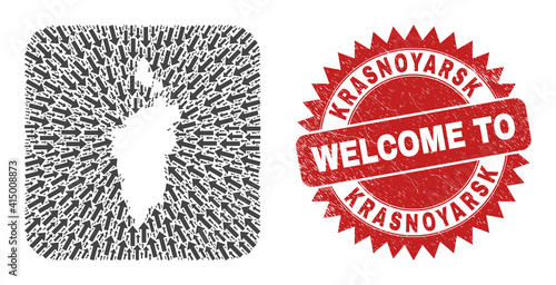 Vector collage Krasnoyarskiy Kray map of navigation arrows and rubber Welcome badge. Collage geographic Krasnoyarskiy Kray map designed as hole from rounded square with motion arrows.