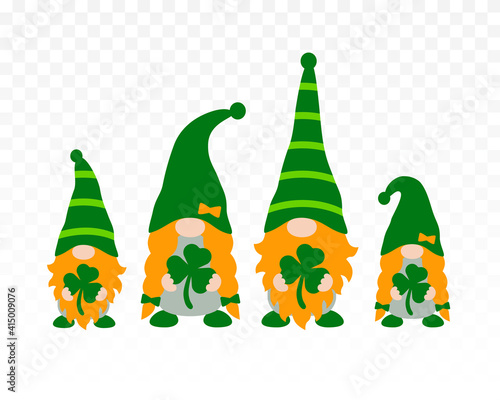 St Patrick's Day Gnomes Family isolated on transparent background. Irish gnomes holding shamrocks or clovers. Vector illustration