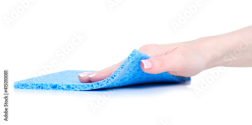 Cellulosic cleaning rag in hand on white background isolation