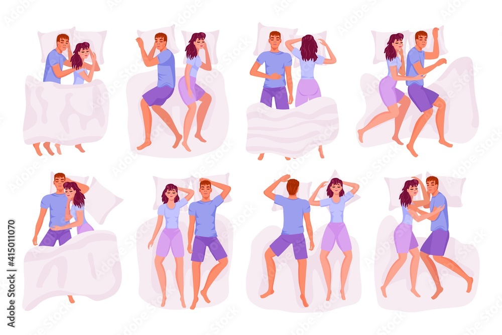 A couple, a man and a woman, sleep in bed in different poses, cozy pillows and blankets, happy people 

enjoy before going to bed. Set of funny cartoon characters in flat style, vector illustrations.