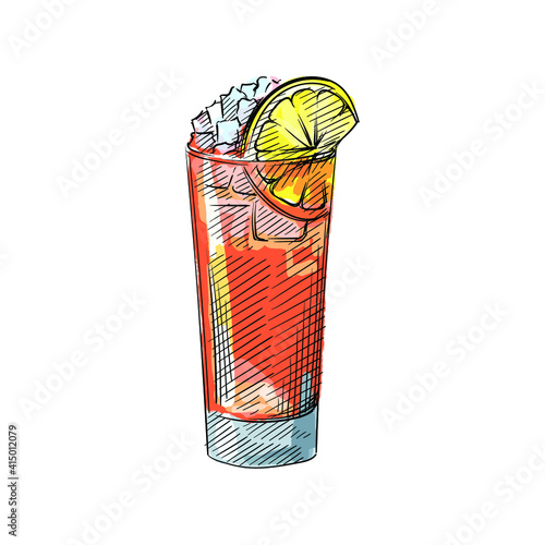 Colorful watercolor Hand drawn sketch of Cocktail drink in highball glass with lemon and ice on a white background. Cocktail drinks. Drinks in cocktail glasses. Alcohol beverages	
