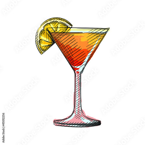 Colorful watercolor Hand drawn sketch of Cocktail drink in martini glass with lemon on a white background. Cocktail drinks. Drinks in cocktail glasses. Alcohol beverages	