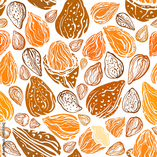 Almond nuts seamless pattern. Vector seed, shell