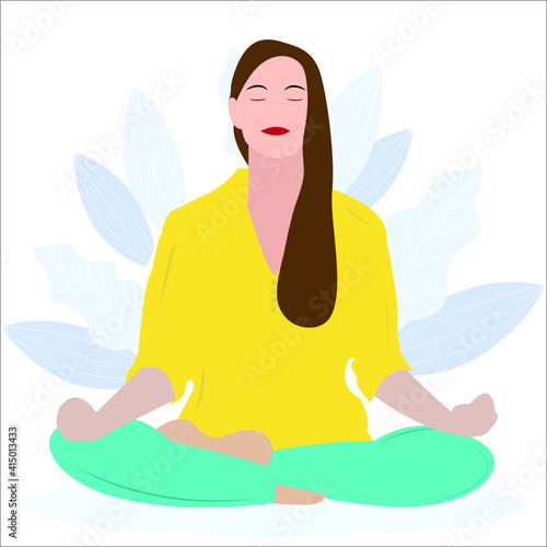 Woman meditating in nature with leaves and plants. Illustration of woman practicing meditation, striking a yoga pose, and relax. Flat Vector Art illustration of a woman. Girl sitting on the floor.