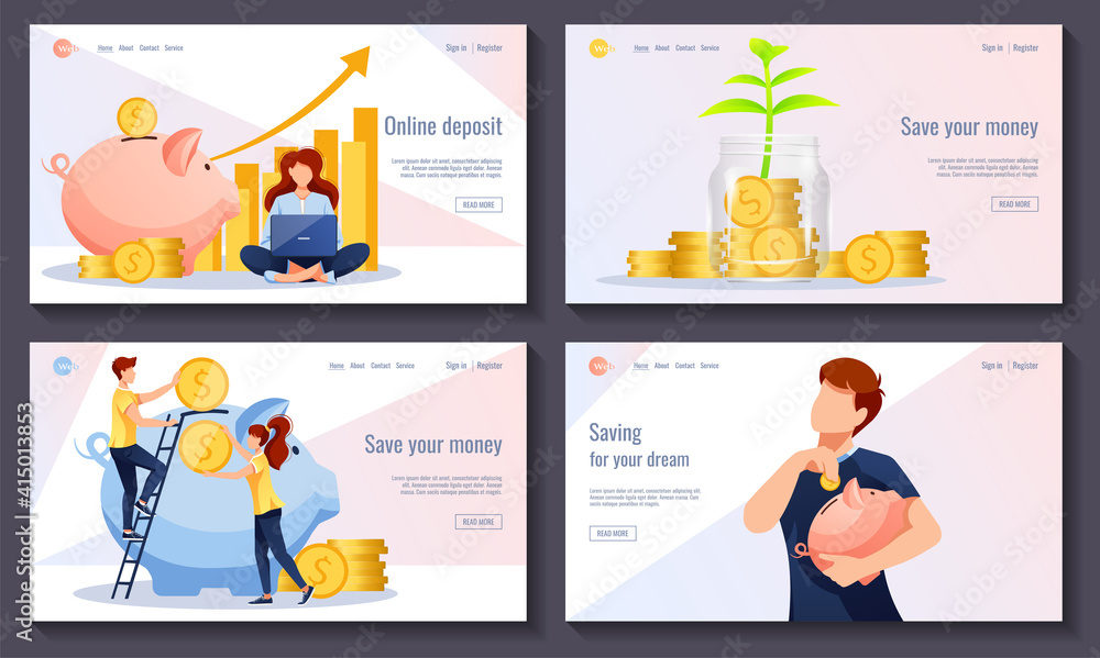 Set of web design. Piggy bank, Men and women are saving, jar with gold coins. Bank, budget, finance, money savings concept. Vector illustration for flyer, poster, banner, website development. 
