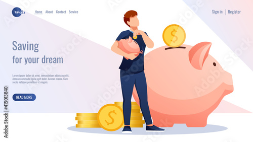 Web design. Big piggy bank, man is putting coin in piggy bank, stack of gold coins. Bank, budget, finance, money savings concept. Vector illustration for flyer, poster, banner, website development. 