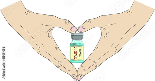 Isolated hands that show shape oh heart with vaccine against the virus Covid-19 ampoule in bottle around it