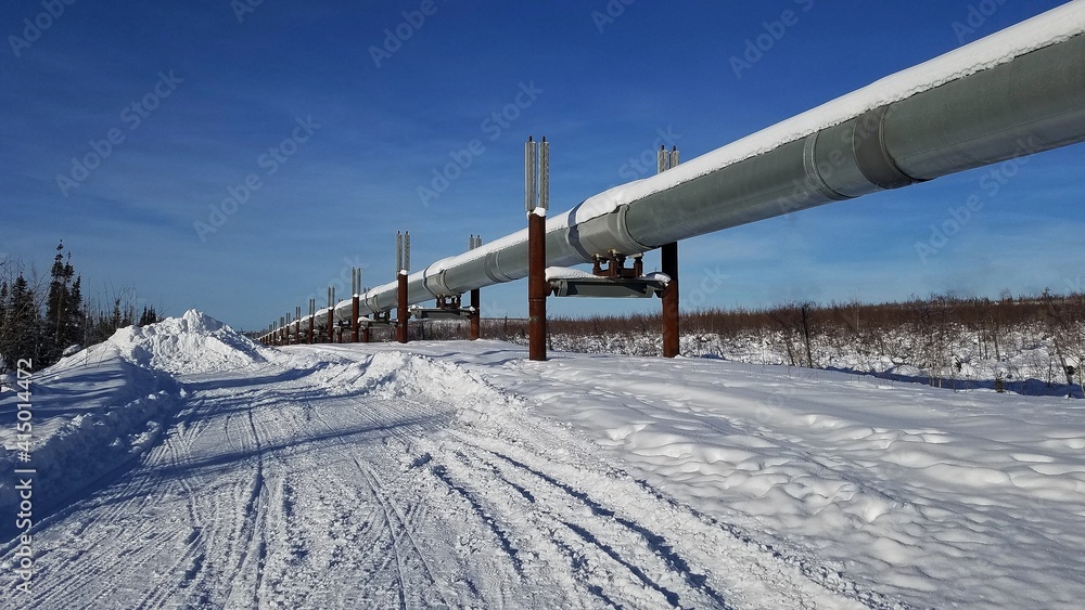 Famous Trans Alaska Pipeline; Shows a Long Perspective Section of the Pipeline in Alaska on a Clear, Winter Day; Environmental Issues, Oil Refineries, Point of Interest, Clean Energy Famous Trans Alaska Pipeline; Shows a Long Perspective Section of the Pipeline in Alaska on a Clear, Winter Day; Environmental Issues, Oil Refineries, Point of Interest, Clean Energy
