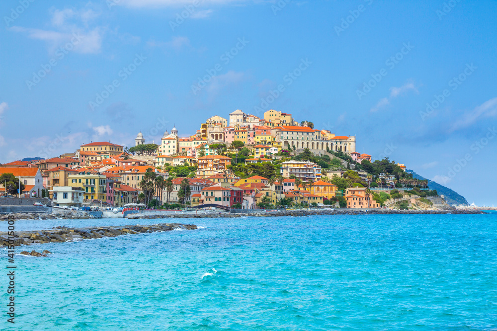 A coastal city of Imperia, Italian Rivera in the region of Liguria, Italy. - obrazy, fototapety, plakaty 
