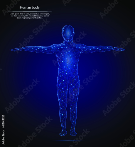Abstract image of a human body consisting of points, lines, and shapes in the form of planets, stars and the universe. Low poly vector background. Anatomy