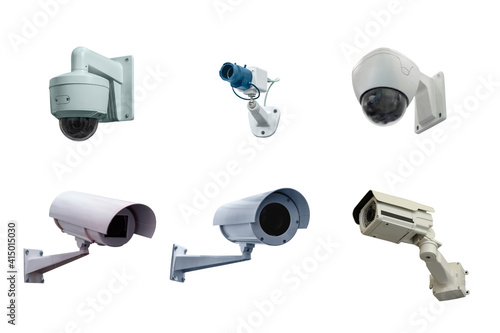 six modern video cameras for monitoring the situation on the object isolated on white background