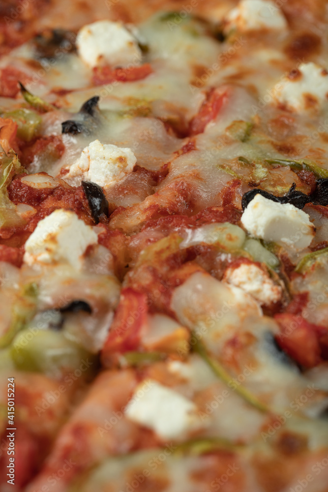 Pizza with mix ingredients and chopped white cheese Pizza with mix ingredients and chopped white cheese
