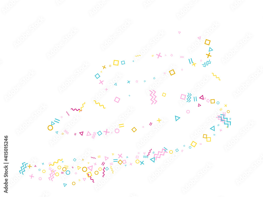 Memphis style geometric confetti background with triangle, circle, square, zigzag and wavy line
