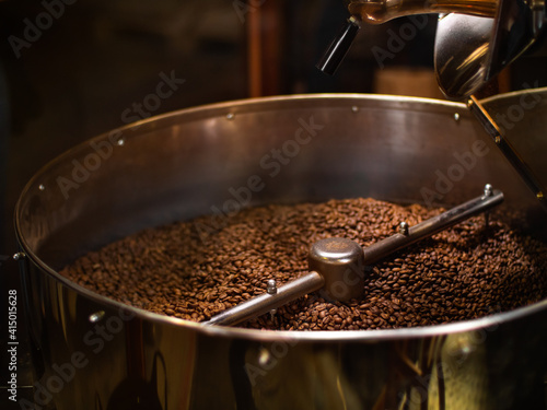 Coffee Roaster With Roasted Coffee Beans Close-up