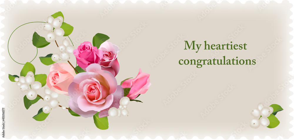 A bouquet of roses and branches of a snowberry (Symphoricarpos) with the inscription: A bouquet of roses and branches of a snowberry (Symphoricarpos) with the inscription: