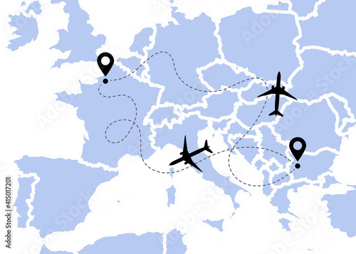 Airplane line path vector icons of air plane flight routes with start points and dash line traces.