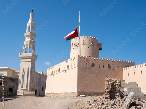 The Omani flag at half mast to signify the death of Sultan Qaboos at Ras Al Had Castle, Sultanate of Oman