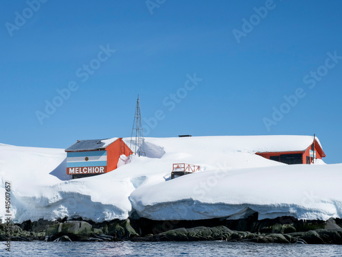 Snow covers the Argentine Research Base in the Melchior Islands, Dallmann Bay photo