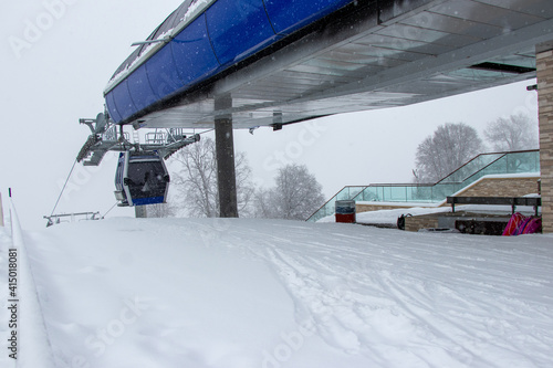 Strong snowfall in Tufandag, Gabala - Azerbaijan: 30 January 2021. Theme of winter holiday. Cable car.