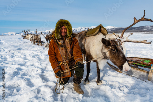 Evenk reindeer breeder with reindeers, Oymyakon, Sakha Republic (Yakutia), Russia photo