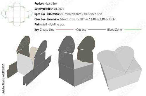 Gift box heart packaging design template self lock die cut - vector