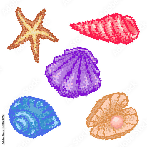 Set of pixel art sea shells. 8 bit starfish, pearl, clam, horn snail and moon snail. Retro gaming mussel, sea star, pearl shell. Vector red, purple, yellow and blue pixel shells on white background.