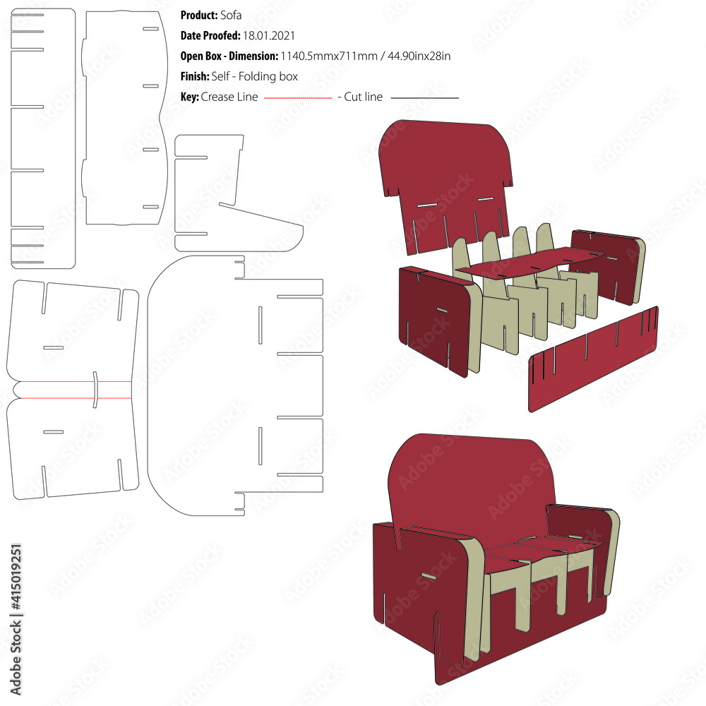 Sofa corrugated cardboard packaging design template self lock die cut ...