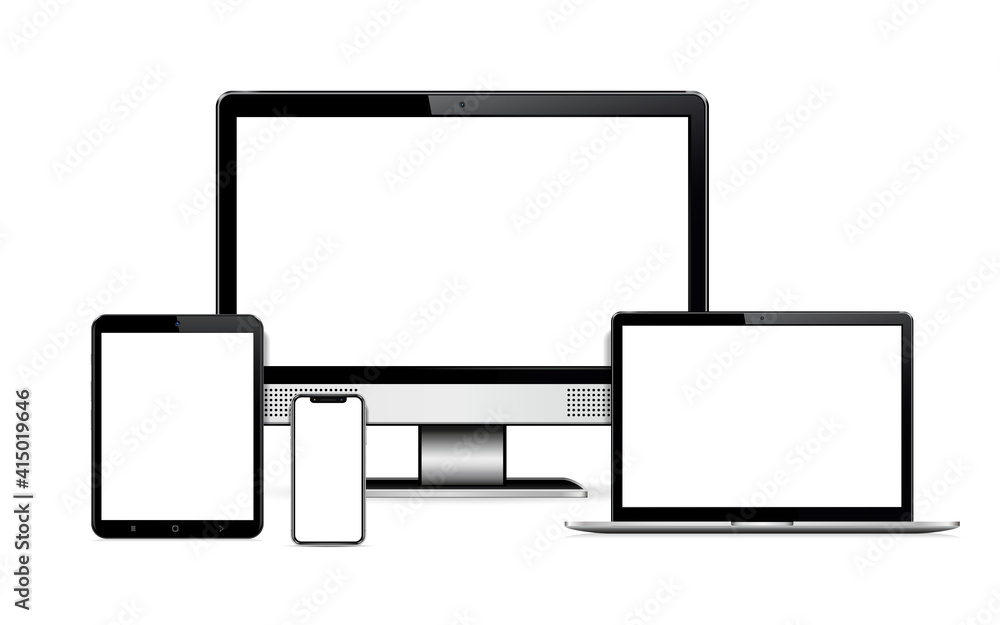 Modern computer monitor, laptop, digital tablet and mobile phone with blank screen isolated. Vector illustration. Modern computer monitor, laptop, digital tablet and mobile phone with blank screen isolated. Vector illustration.