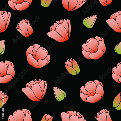 Simple vector pattern with tulips on black background. Perfect for wrapping paper and textile.