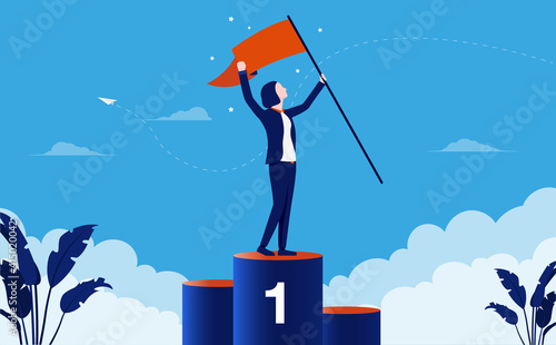 Businesswoman at first place - Woman with flag in hand standing on podium celebrating her triumph. Female winner and success concept. Vector illustration.