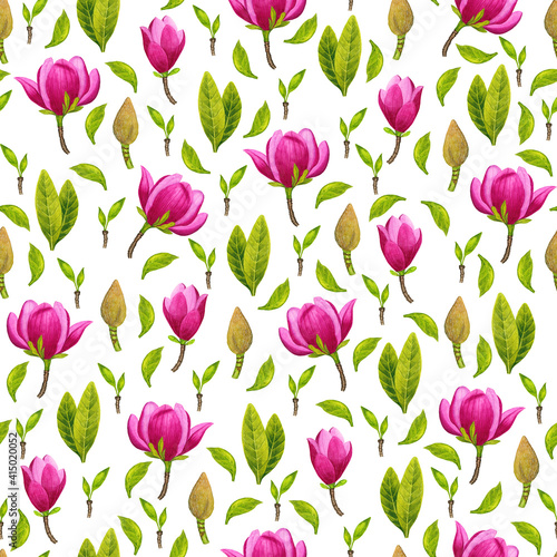 Pink Magnolia watercolor flower seamless pattern