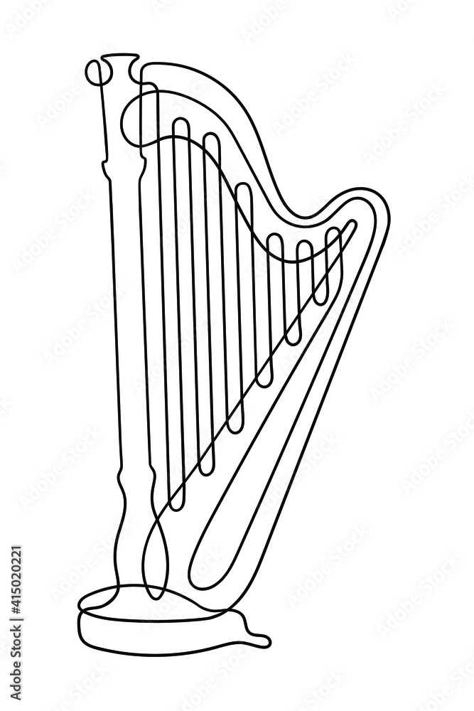 Vecteur Stock One line drawing. Musical acoustic instrument harp with  strings. | Adobe Stock