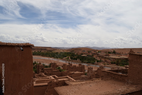 Panorama of Ait Ben Haddou, a city which was location for many movies, built of clay houses in Morocco from above